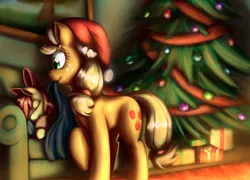 Size: 2966x2132 | Tagged: safe, artist:otakuap, derpibooru import, apple bloom, applejack, adorabloom, blanket, christmas, christmas tree, couch, cute, eyes closed, hat, hearth's warming eve, holiday, mouth hold, present, raised hoof, santa hat, shadow, smiling, tree