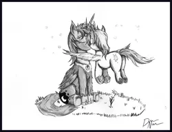 Size: 1355x1043 | Tagged: safe, artist:dreamingnoctis, derpibooru import, derpy hooves, princess luna, firefly (insect), insect, pegasus, pony, eyes closed, female, flying, grayscale, lesbian, lunaderp, mare, monochrome, s1 luna, shipping, sitting, traditional art, underhoof