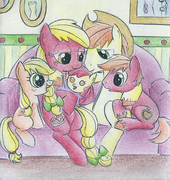 Size: 795x841 | Tagged: safe, artist:islamilenaria, derpibooru import, apple bloom, applejack, big macintosh, granny smith, earth pony, pony, apple family, applejack's parents, couch, male, parent, sitting, stallion, traditional art, younger