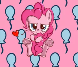 Size: 600x520 | Tagged: :3, artist:mingy.h, balloon, biting, cute, derpibooru import, diapinkes, frog (hoof), heart, lidded eyes, looking at you, nom, pinkie pie, pixiv, safe, sitting, smiling, smirk, solo, tail, tail bite, underhoof