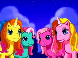 Size: 640x480 | Tagged: brights brightly, come back lily lightly, derpibooru import, g3, minty, night, pinkie pie (g3), rarity (g3), safe, screencap, smiling