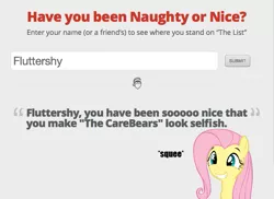 Size: 781x570 | Tagged: safe, derpibooru import, fluttershy, pegasus, pony, exploitable meme, female, grin, have you been naughty or nice?, mare, meme, santa claus, smiling, solo, squee