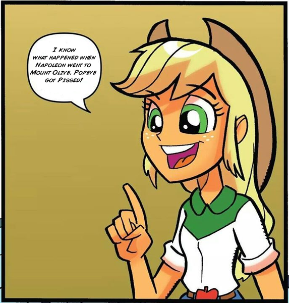 Size: 687x720 | Tagged: questionable, artist:tonyfleecs, derpibooru import, idw, applejack, equestria girls, spoiler:comic, applejack's opinion, dirty joke, equestria girls holiday special, exploitable meme, female, meme, napoleon, popeye, simple background, solo, solo female