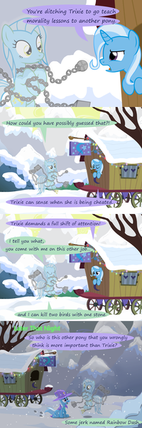 Size: 1200x3600 | Tagged: safe, artist:evil-dec0y, derpibooru import, trixie, oc, oc:ghost, earth pony, ghost, pony, undead, unicorn, comic:trixie vs., comic:trixie vs. hearth's warming, a christmas carol, book, chains, chest, comic, eyes closed, female, floating, frown, glare, key, leaning, lock, mare, open mouth, raised eyebrow, sitting, snow, snowfall, trixie's wagon, wagon, weight, wide eyes