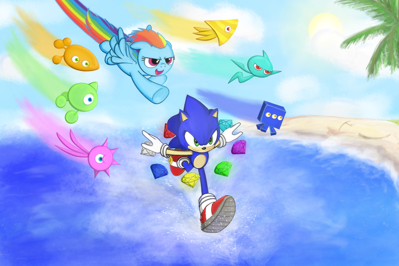 Size: 1680x1120 | Tagged: artist:spacetimedream, chaos emerald, crossover, derpibooru import, rainbow dash, safe, sonic colors, sonic the hedgehog, sonic the hedgehog (series), wisps