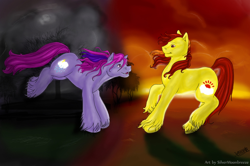 Size: 939x623 | Tagged: artist:silvermoonbreeze, derpibooru import, g1, mountain boy ponies, safe, sunburst, sunset, thundercloud (g1)