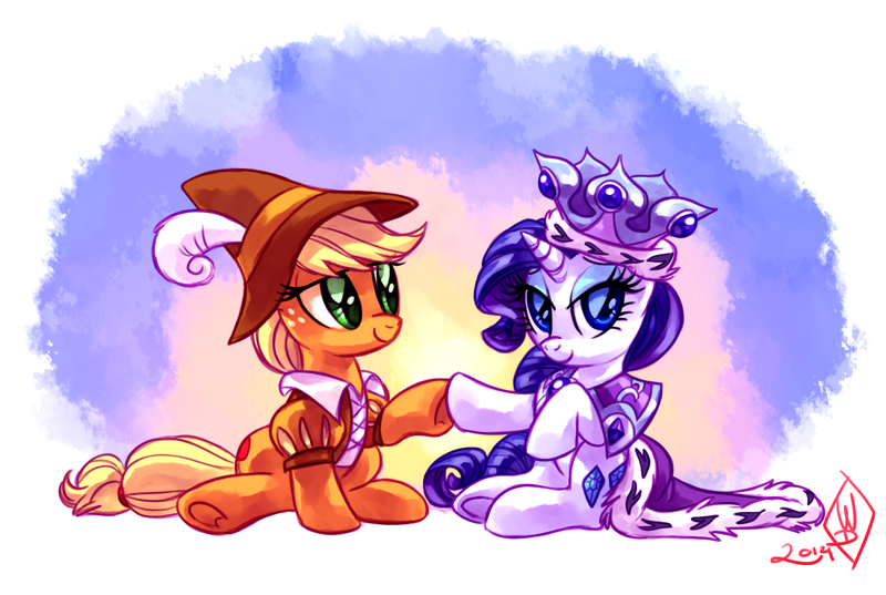 Size: 1280x859 | Tagged: safe, artist:whitediamonds, derpibooru import, applejack, princess platinum, rarity, smart cookie, earth pony, pony, unicorn, hearth's warming eve (episode), bedroom eyes, clothes, crown, female, hat, hoofbump, jewelry, lesbian, looking at you, mare, rarijack, rarijack daily, regalia, shipping, sitting, smiling, underhoof