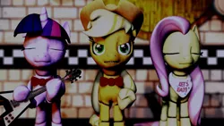 Size: 1024x576 | Tagged: safe, derpibooru import, applejack, fluttershy, twilight sparkle, twilight sparkle (alicorn), alicorn, pony, robot, five nights at aj's, 3d, animatronic, applefreddy, female, five nights at freddy's, flutterchica, mare, poster, source filmmaker, twibon, wallpaper