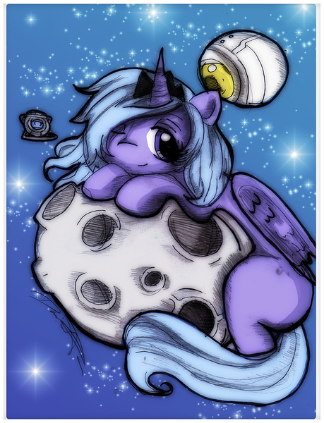 Size: 750x980 | Tagged: artist:danielle-chan, crossover, derpibooru import, personality core, portal (valve), princess luna, safe, solo, space core, tangible heavenly object, wheatley