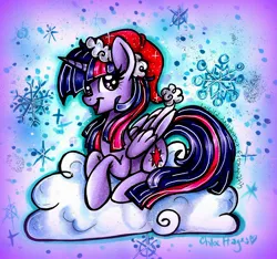 Size: 1506x1407 | Tagged: safe, artist:frostykat13, derpibooru import, twilight sparkle, twilight sparkle (alicorn), alicorn, pony, christmas, cloud, female, hat, holiday, mare, santa hat, snow, snowflake, solo