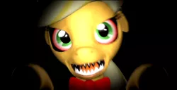 Size: 1366x699 | Tagged: 3d, animatronic, applefreddy, applejack, attack, creepy, derpibooru import, five nights at aj's, looking at you, nose wrinkle, poster, robot, safe, solo, source filmmaker, this will end in tears, wallpaper