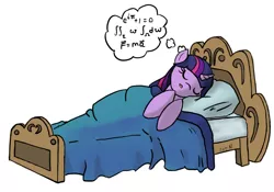 Size: 1024x717 | Tagged: safe, artist:1jet10, artist:jetn-in-dark, derpibooru import, twilight sparkle, alicorn, pony, bed, calculus, dream, euler's identity, fancy mathematics, female, integral, integration, mare, math, newton's second law, physics, sleeping, solo, stokes' theorem