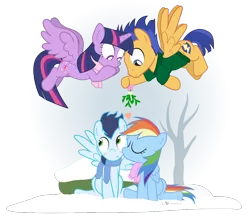 Size: 1060x920 | Tagged: safe, artist:dm29, derpibooru import, flash sentry, rainbow dash, soarin', twilight sparkle, twilight sparkle (alicorn), alicorn, pony, blushing, clothes, female, flying, kissing, male, mare, mistletoe, scarf, shipper on deck, shipping, simple background, smiling, snow, soarindash, straight, transparent background, winter