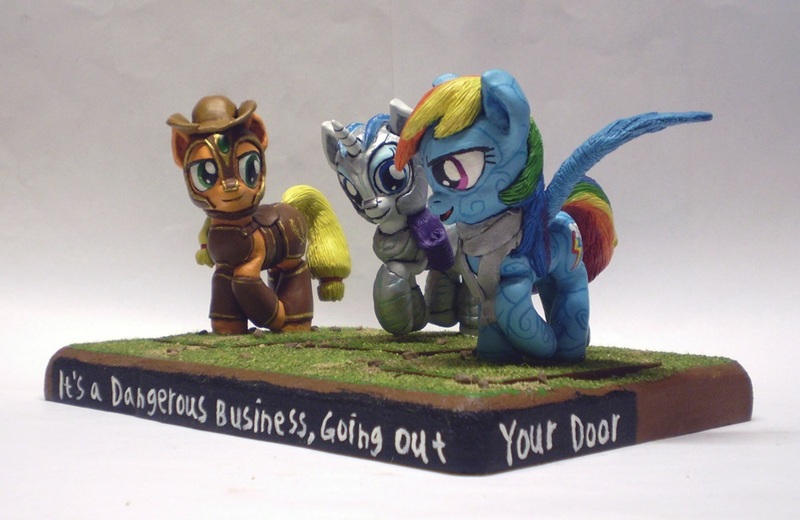Size: 934x607 | Tagged: safe, artist:ubrosis, derpibooru import, applejack, rainbow dash, rarity, earth pony, pegasus, pony, unicorn, fanfic:it's a dangerous business going out your door, armor, craft, fanfic art, female, figure, figurine, gaming miniature, leather armor, mare, miniature, raised hoof, sculpture, smiling, tattoo, trio, walking