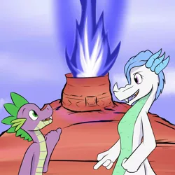 Size: 1280x1280 | Tagged: safe, artist:fuzebox, derpibooru import, spike, oc, oc:kitoith, dragon, semi-anthro, fire, mountain, older, older spike, spike's journey, story included, teenage spike, teenaged dragon, teenager, tumblr