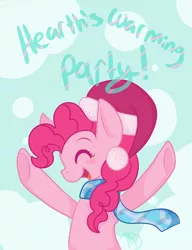 Size: 1000x1300 | Tagged: artist:mdragonflame, blue, christmas, clothes, cute, derpibooru import, hearth's warming, hearth's warming eve, holiday, party, pinkie pie, safe, scarf, smiling, snow, snowfall