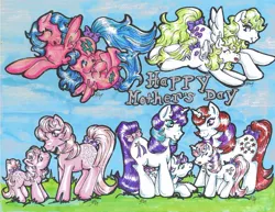 Size: 818x633 | Tagged: safe, artist:kay-kitten, derpibooru import, baby cotton candy, baby firefly, baby glory, baby moondancer, baby surprise, cotton candy (g1), firefly, glory, moondancer (g1), surprise, pony, baby, baby pony, bow, female, g1, mother and child, mother and daughter, mother's day, tail bow