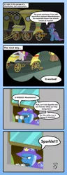 Size: 1334x3492 | Tagged: safe, artist:123turtleshell, derpibooru import, pinot noir, shiraz, silver berry, trixie, pony, unicorn, rarity takes manehattan, binoculars, comic, don't trust wheels, evil laugh, female, great and powerful, laughing, mare, saw, taxi, wheel