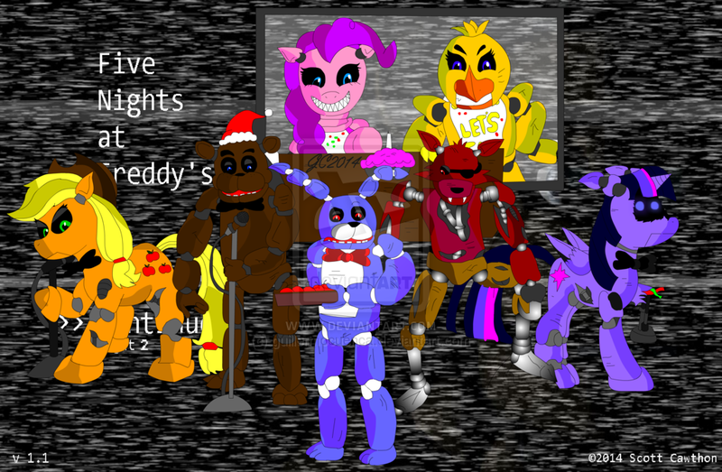 Size: 1024x669 | Tagged: safe, derpibooru import, applejack, pinkie pie, twilight sparkle, twilight sparkle (alicorn), alicorn, fox, pony, robot, five nights at aj's, animatronic, applefreddy, bonnie, chica, chica pie, crossover, female, five nights at freddy's, foxy, freddy fazbear, mare, microphone, pinkica pie, solo, twibon