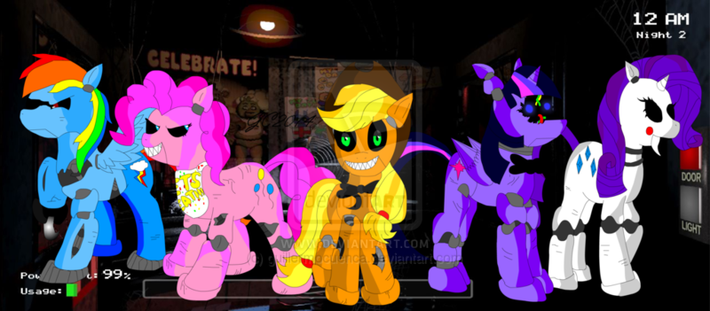 Size: 1024x449 | Tagged: safe, derpibooru import, applejack, pinkie pie, rainbow dash, rarity, twilight sparkle, twilight sparkle (alicorn), alicorn, pony, robot, five nights at aj's, animatronic, applefreddy, chica pie, female, foxy dash, mare, pinkica pie, pinkie chica pie, rainbow foxy, twibon