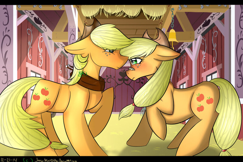 Size: 1024x683 | Tagged: applejack, applejack (male), applejacks (shipping), artist:juniormintotter, blushing, derpibooru import, female, male, rule 63, safe, selfcest, self ponidox, shipping, straight