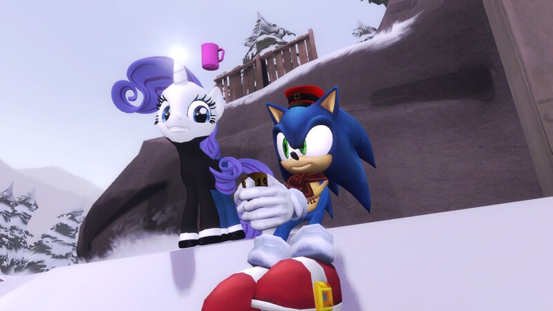 Size: 1366x768 | Tagged: 3d, artist:sonicdevil18, clothes, crossover, derpibooru import, gmod, mug, rarity, safe, snow, sonic the hedgehog, sonic the hedgehog (series), sweater, winter