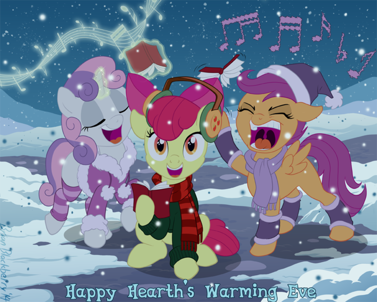 Size: 892x715 | Tagged: apple bloom, artist:brianblackberry, caroling, christmas, clothes, cutie mark crusaders, derpibooru import, earmuffs, hat, hearth's warming eve, holiday, jacket, leg warmers, safe, santa hat, scarf, scootaloo, singing, snow, snowfall, sweater, sweetie belle, winter