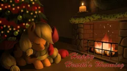 Size: 1133x636 | Tagged: adorabloom, apple bloom, applejack, artist:sorcerushorserus, christmas, christmas tree, cute, derpibooru import, fireplace, hearth's warming eve, holiday, prone, safe, sleeping, tree