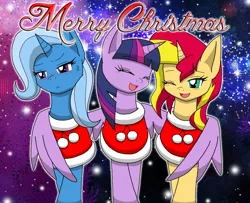 Size: 1040x845 | Tagged: safe, artist:zoniken, derpibooru import, sunset shimmer, trixie, twilight sparkle, twilight sparkle (alicorn), alicorn, pony, unicorn, :<, blushing, christmas, counterparts, holiday, hug, magical trio, pixiv, twilight's counterparts, winghug