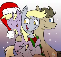 Size: 1600x1500 | Tagged: safe, artist:citrusking46, derpibooru import, derpy hooves, dinky hooves, doctor whooves, time turner, pegasus, pony, christmas, clothes, doctorderpy, equestria's best mother, female, hat, holiday, hug, male, mare, santa hat, scarf, shipping, smiling, straight