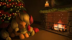 Size: 1133x636 | Tagged: adorabloom, applebetes, apple bloom, applejack, artist:sorcerushorserus, christmas, christmas tree, cute, derpibooru import, fireplace, hearth's warming eve, holiday, jackabetes, prone, safe, sleeping, tree