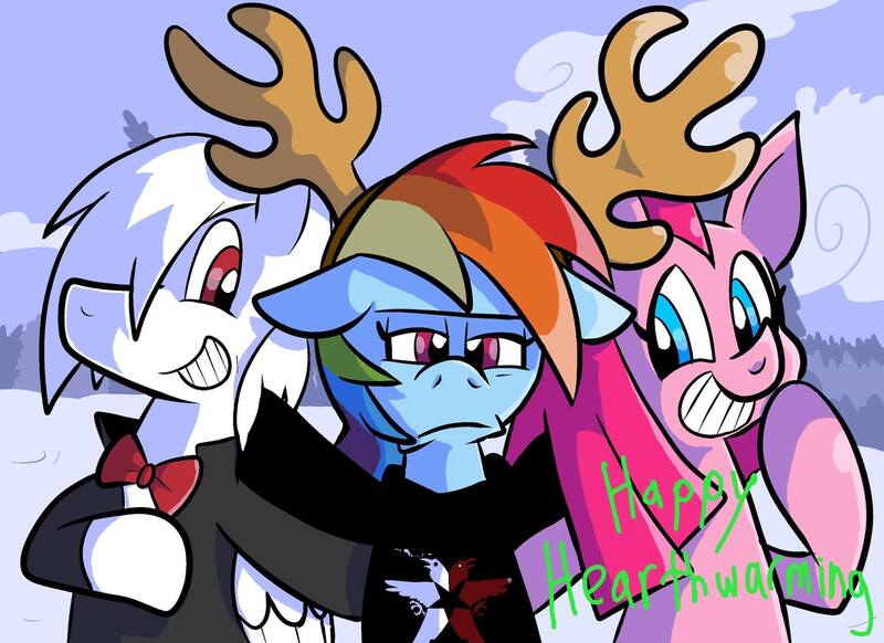 Size: 2048x1489 | Tagged: antlers, artist:pembroke, derpibooru import, hearth's warming, infamous, infamous second son, oc, oc:klondike heart, pinkamena diane pie, pinkie pie, rainbow dash, safe