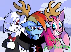 Size: 2048x1489 | Tagged: antlers, artist:pembroke, derpibooru import, hearth's warming, infamous, infamous second son, oc, oc:klondike heart, pinkamena diane pie, pinkie pie, rainbow dash, safe