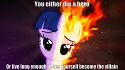 Size: 1920x1080 | Tagged: artist:malathrom, batman, caption, derpibooru import, edit, harvey dent, image macro, mane of fire, meme, pokémon, rapidash, rapidash twilight, safe, text, the dark knight, twilight sparkle, two-face, wallpaper, you either die a hero or live long enough to see yourself become the villain