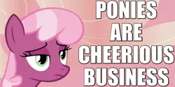 Size: 800x400 | Tagged: caption, cheerilee, cheerilee is unamused, cheerious, derpibooru import, hearts and hooves day, hearts and hooves day (episode), image macro, meme, pun, reaction image, safe, screencap, serious business, solo, text, unamused