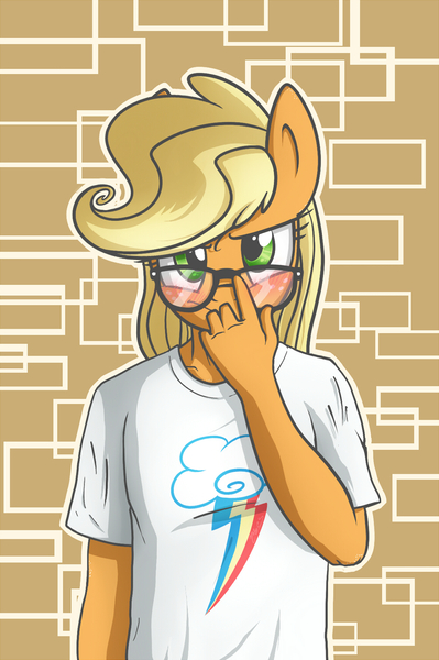 Size: 1000x1504 | Tagged: adorkable, anthro, applejack, artist:nolycs, blushing, cute, derpibooru import, dork, glasses, implied appleblitz (straight), implied appledash, implied lesbian, implied shipping, safe, solo