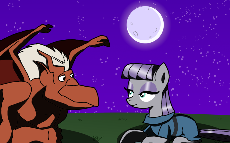 Size: 2900x1800 | Tagged: artist:flyingbrickanimation, artist:theoriginalbeatlebug, boulder (pet), brooklyn, crossover, crossover shipping, derpibooru import, female, gargoyles, male, maudlyn, maud pie, moon, rock, safe, shipping, straight, tumblr