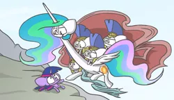 Size: 2116x1220 | Tagged: and that's how equestria was made, artist:switchy, ask celestia stuff, derpibooru import, fine art parody, long neck, neck pony, princess celestia, princess necklestia, royal guard, safe, the creation of adam, twilight sparkle
