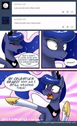 Size: 650x1056 | Tagged: artist:johnjoseco, ask, ask gaming princess luna, blushing, by celestia's beard, celestia socks, celestia stockings, clothes, comic, cute, derpibooru import, gamer luna, i'm not cute, princess celestia socks, princess luna, safe, socks, solo, stockings, thigh highs, tumblr