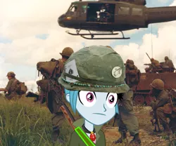 Size: 853x709 | Tagged: safe, derpibooru import, sonata dusk, human, equestria girls, gun, helicopter, irl, irl human, military, photo, ptsd, starenata, tank (vehicle), thousand yard stare, uh-1 iroquois, vietnam, vietnam war, war, weapon