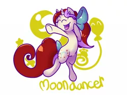 Size: 700x525 | Tagged: artist:c0tt0ntales, artist:cotton, bow, dancing, derpibooru import, g1, g1 to g4, generation leap, happy, moondancer (g1), safe, solo