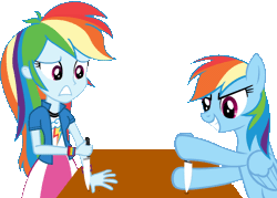 Size: 700x500 | Tagged: semi-grimdark, artist:tiredbrony, derpibooru import, rainbow dash, pony, equestria girls, animated, dangerous, don't try this at home, five finger fillet, frown, funny, game, gif, grin, gritted teeth, hoof hold, human ponidox, knife, knife game, nervous, photoshop, scared, self ponidox, simple background, smiling, smirk, stabbing, table, this will end in losing body parts, this will end in pain, this will end in tears, this will end in the hospital, this will not end well, transparent background, unfair, wide eyes