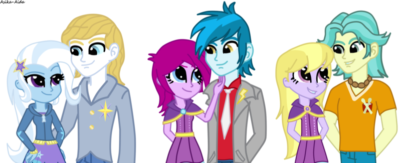 Size: 1400x570 | Tagged: safe, artist:asika-aida, derpibooru import, brawly beats, fuchsia blush, lavender lace, prince blueblood, soarin', thunderbass, trixie, equestria girls, rainbow rocks, background human, bluetrix, female, male, shipping, simple background, straight, transparent background, trixie and the illusions, vector