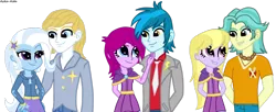 Size: 1400x570 | Tagged: safe, artist:asika-aida, derpibooru import, brawly beats, fuchsia blush, lavender lace, prince blueblood, soarin', thunderbass, trixie, equestria girls, rainbow rocks, background human, bluetrix, female, male, shipping, simple background, straight, transparent background, trixie and the illusions, vector