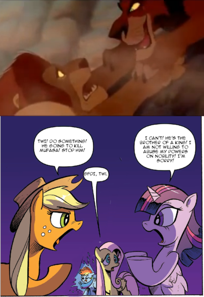 Size: 632x921 | Tagged: safe, derpibooru import, idw, applejack, twilight sparkle, twilight sparkle (alicorn), alicorn, pony, argument meme, drama, drama bait, female, imminent death, imminent murder, mare, mufasa, scar, scar (the lion king), the lion king