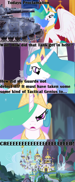 Size: 1021x2448 | Tagged: baneblade, celestia's proclamation, derpibooru import, exploitable meme, meme, princess celestia, safe, tactical genius, ursarkar creed, warhammer 40k, warhammer (game)