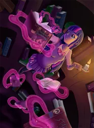 Size: 593x800 | Tagged: artist:valinhya, book, bookshelf, candle, derpibooru import, elements of harmony (book), human, humanized, magic, night, safe, star swirl the bearded, that pony sure does love books, twilight sparkle