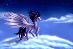 Size: 1280x853 | Tagged: artist:xormak, cloud, cloudy, derpibooru import, old cutie mark, painting, realistic, safe, sky, soarin', solo, stars