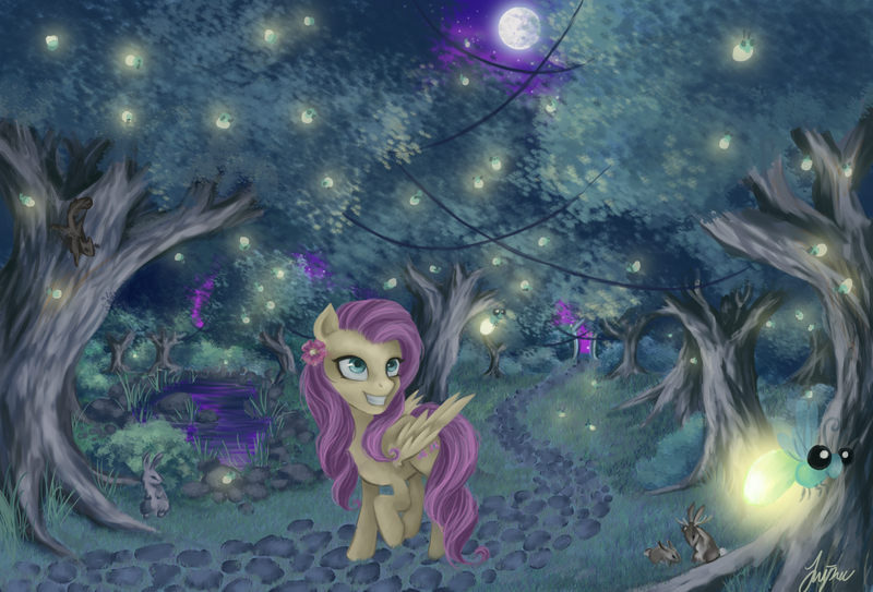 Size: 3389x2300 | Tagged: artist:katyand, artist:sewingintherain, derpibooru import, firefly (insect), fluttershy, insect, night, safe, solo