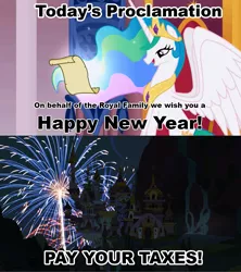 Size: 1021x1149 | Tagged: celestia's proclamation, derpibooru import, exploitable meme, meme, new year, princess celestia, safe, taxes